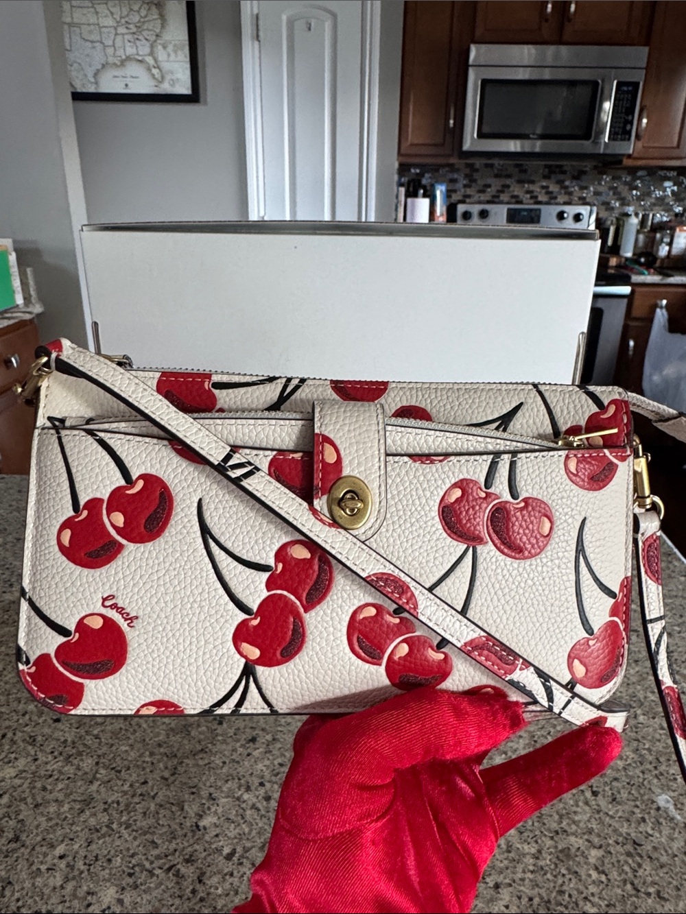 🍒Coach Noa Pop Up Messenger With Cherry Print Brass/Chalk CA799🍒LIKE NEW🍒